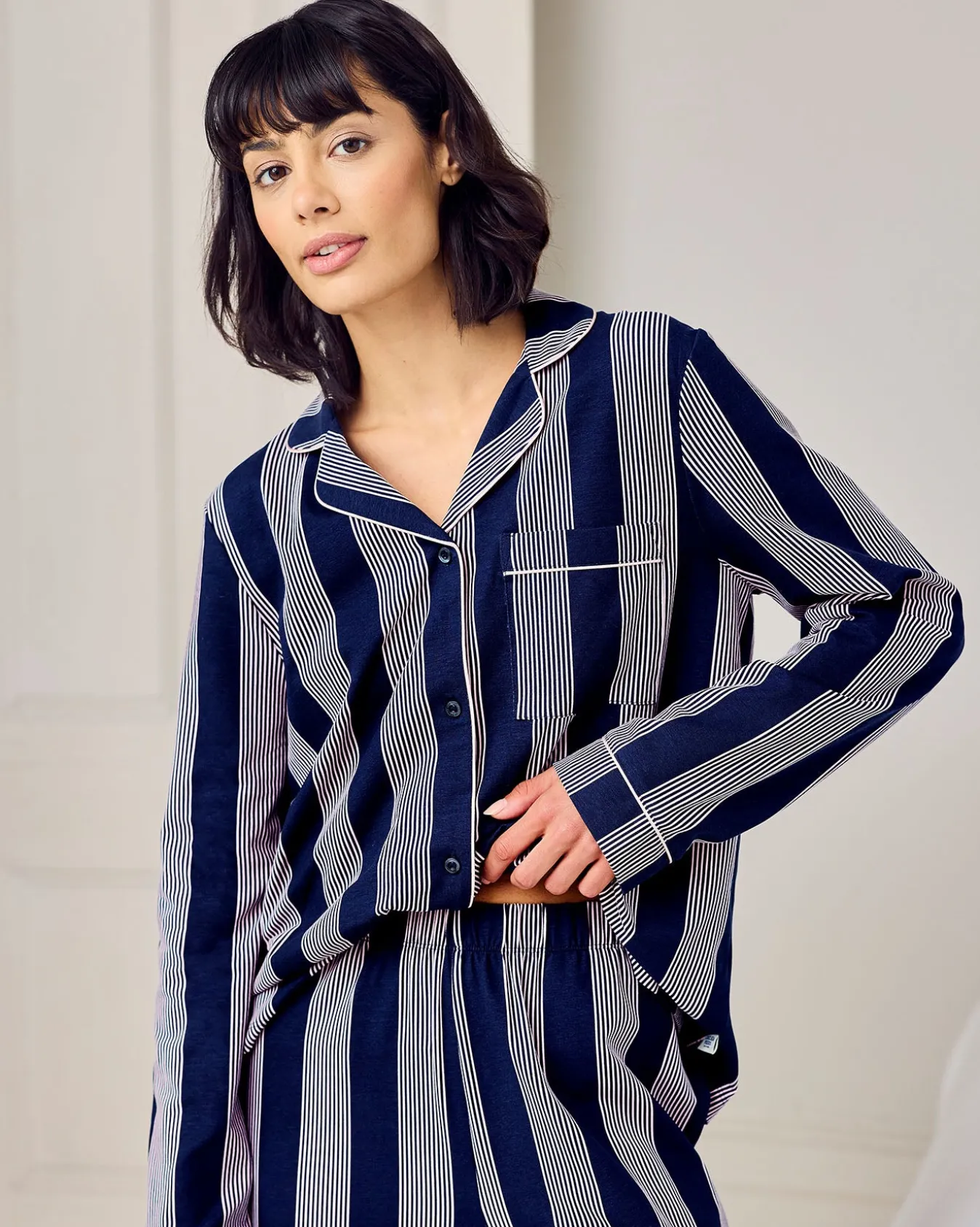 Petite Organic Cotton Stripe Button Up Pyjama Set - Navy