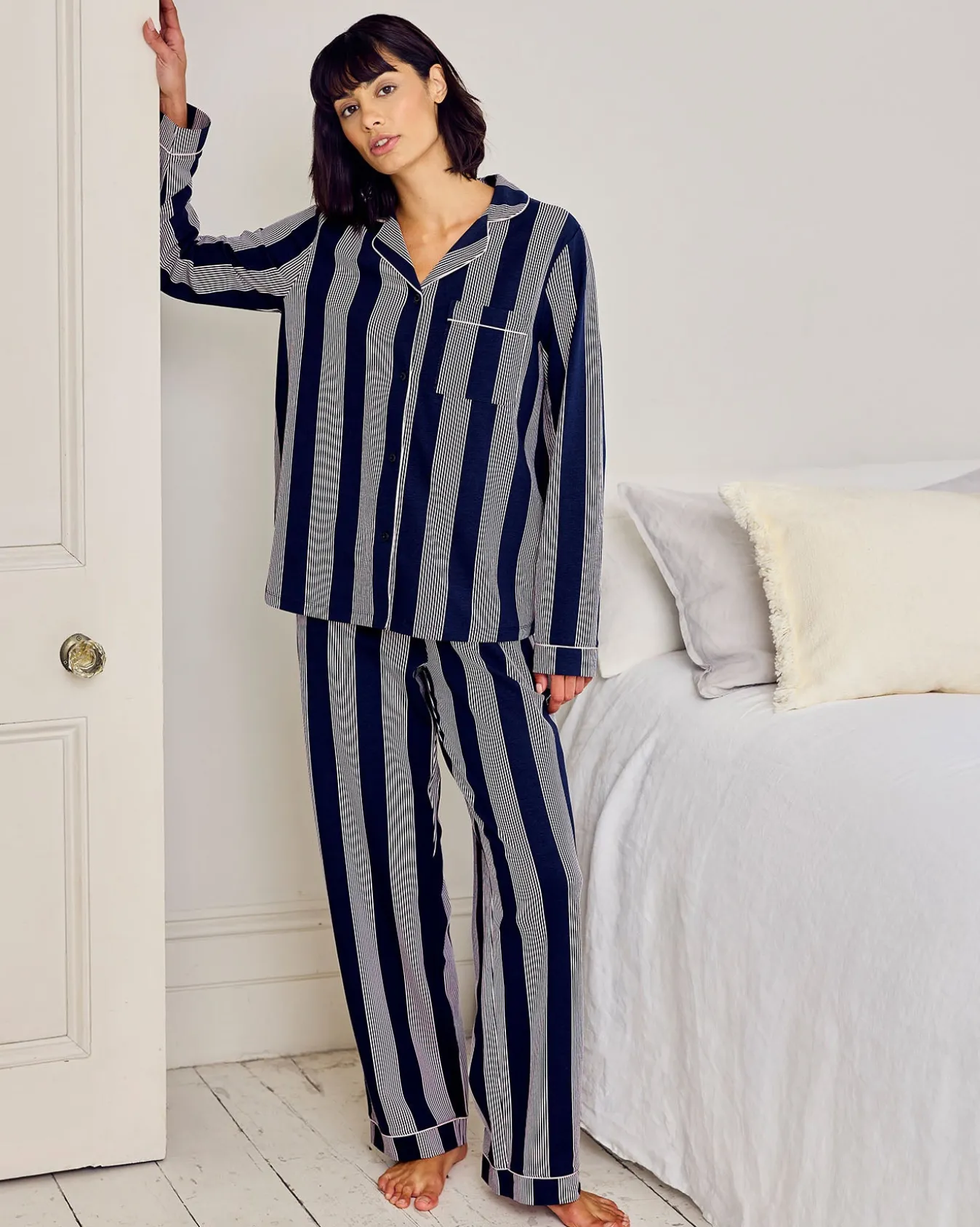 Petite Organic Cotton Stripe Button Up Pyjama Set - Navy