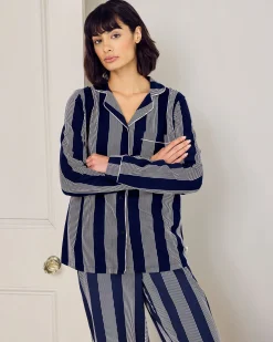 Petite Organic Cotton Stripe Button Up Pyjama Set - Navy