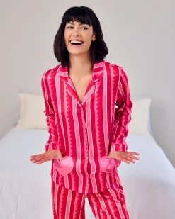 Petite Satin Heart Pocket Striped Long Pyjama Set - Pink