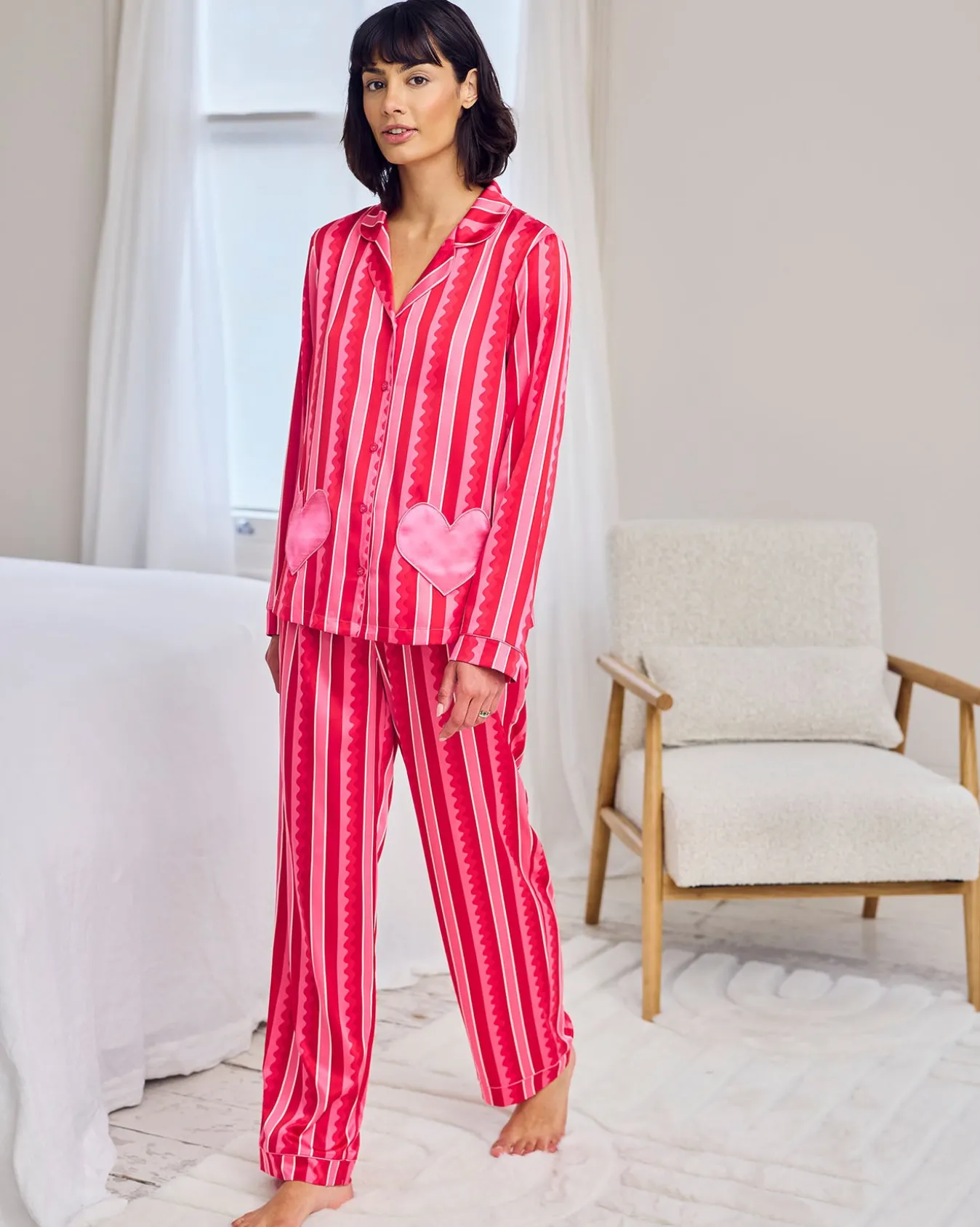 Petite Satin Heart Pocket Striped Long Pyjama Set - Pink