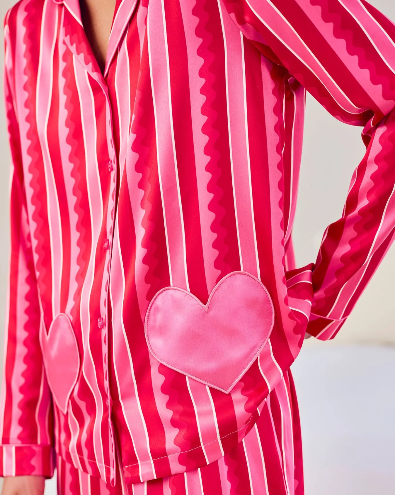 Petite Satin Heart Pocket Striped Long Pyjama Set - Pink