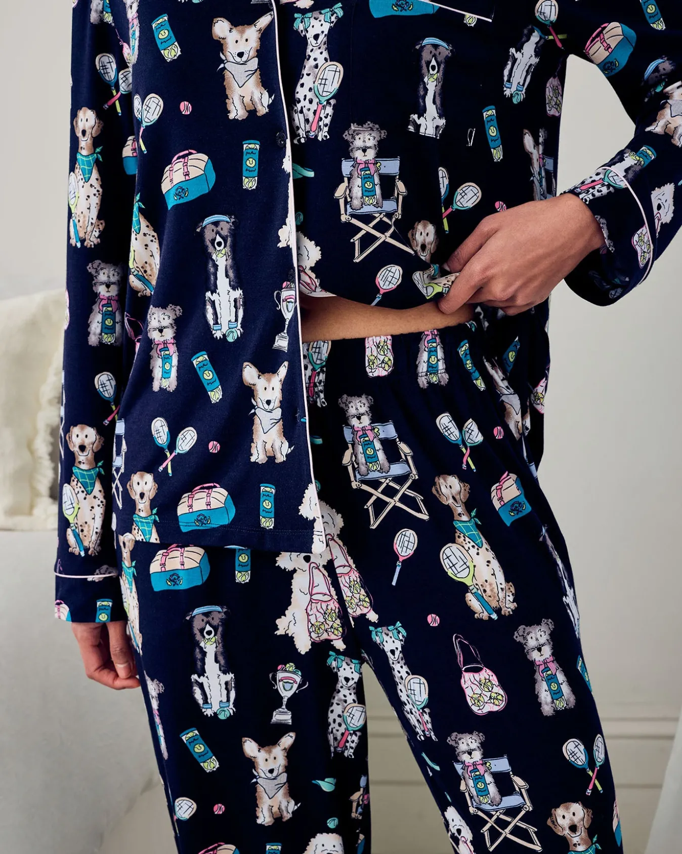 Petite TENCEL™ Modal Tennis Dogs Print Long Pyjama Set - Navy