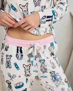 Petite Tennis Dogs Print Long Pyjama Set - Cream