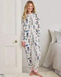 Petite Tennis Dogs Print Long Pyjama Set - Cream