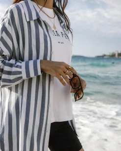 Poplin Stripe Boyfriend Shirt - Blue