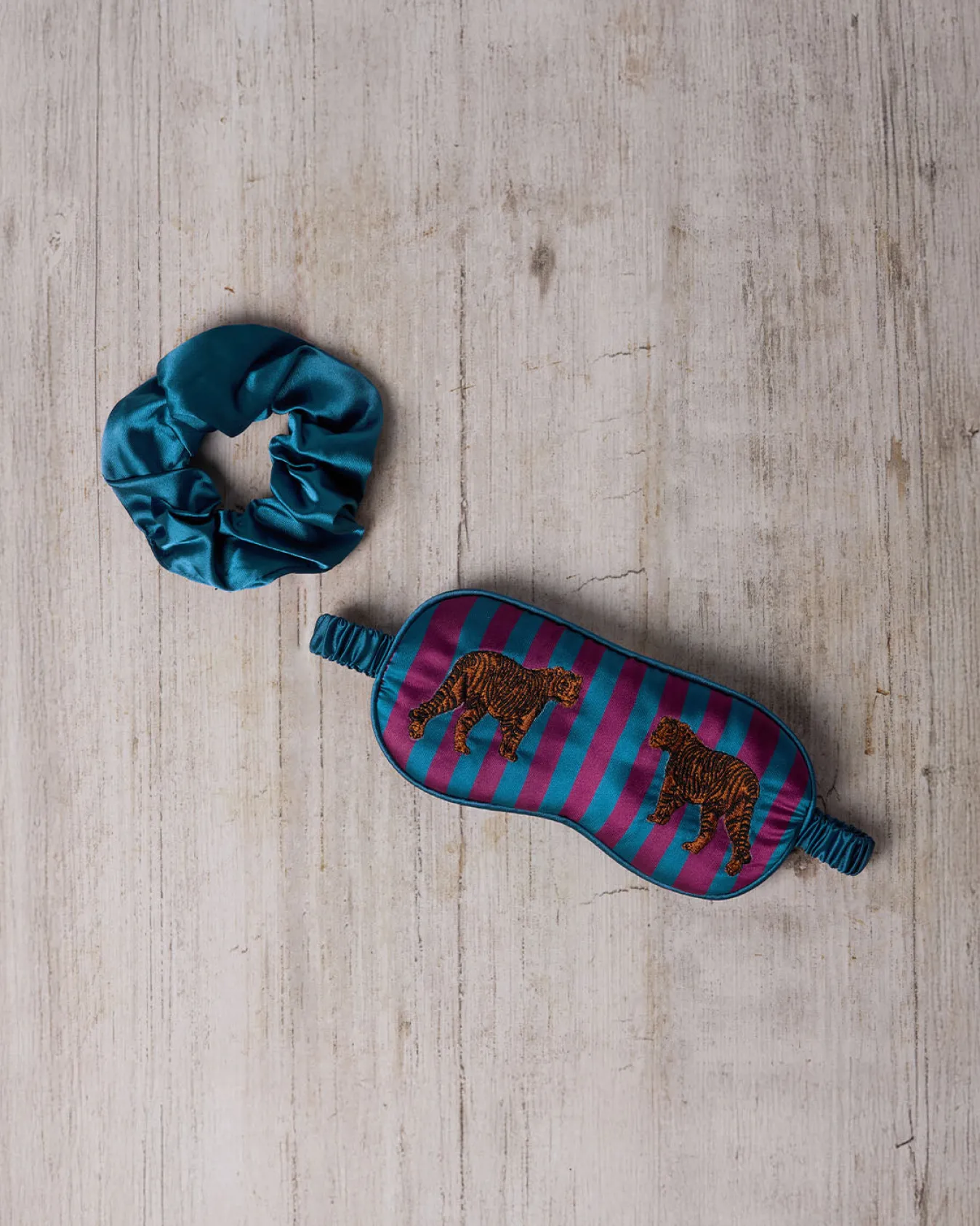Satin Embroidered Tiger Stripe Sleep Mask & Scrunchie Set