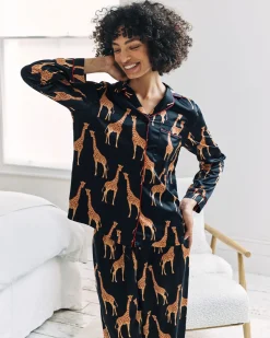 Satin Giraffe Print Long Pyjama Set - Navy