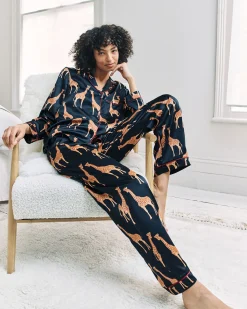 Satin Giraffe Print Long Pyjama Set - Navy