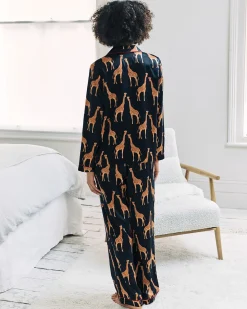 Satin Giraffe Print Long Pyjama Set - Navy