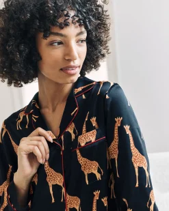 Satin Giraffe Print Long Pyjama Set - Navy