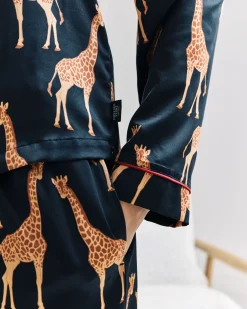 Satin Giraffe Print Long Pyjama Set - Navy