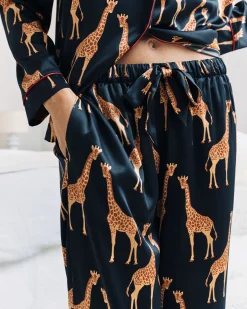 Satin Giraffe Print Long Pyjama Set - Navy