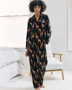 Satin Giraffe Print Long Pyjama Set - Navy