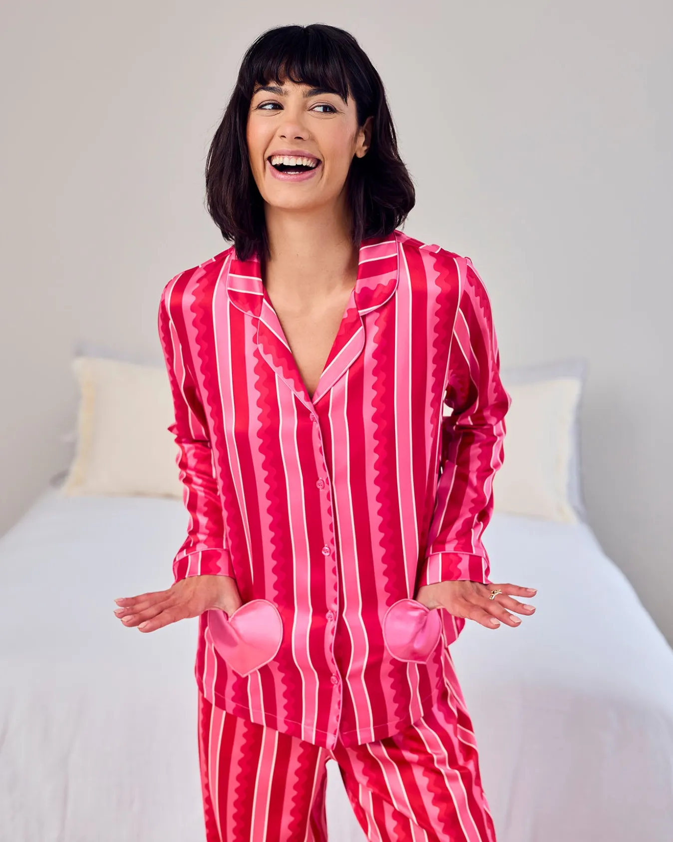 Satin Heart Pocket Striped Long Pyjama Set - Pink