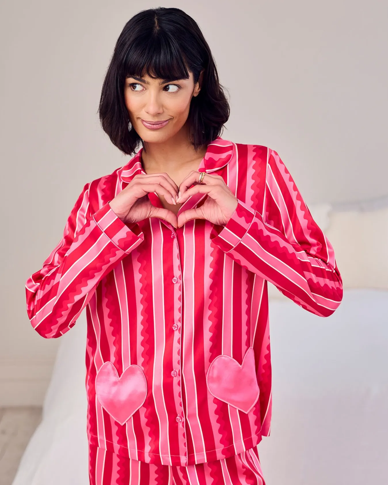 Satin Heart Pocket Striped Long Pyjama Set - Pink