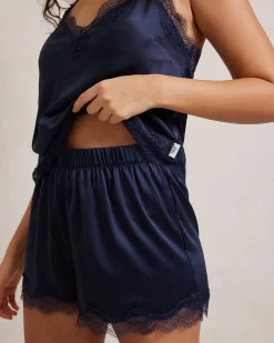 Satin Lace Trim Cami Short Pyjama Set - Navy