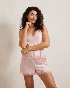 Satin Lace Trim Cami Short Pyjama Set - Blush