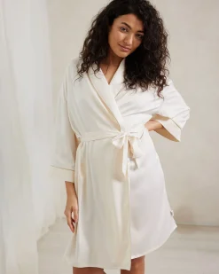 Satin Lace Trim Robe Dressing Gown - Ivory