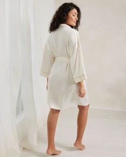 Satin Lace Trim Robe Dressing Gown - Ivory