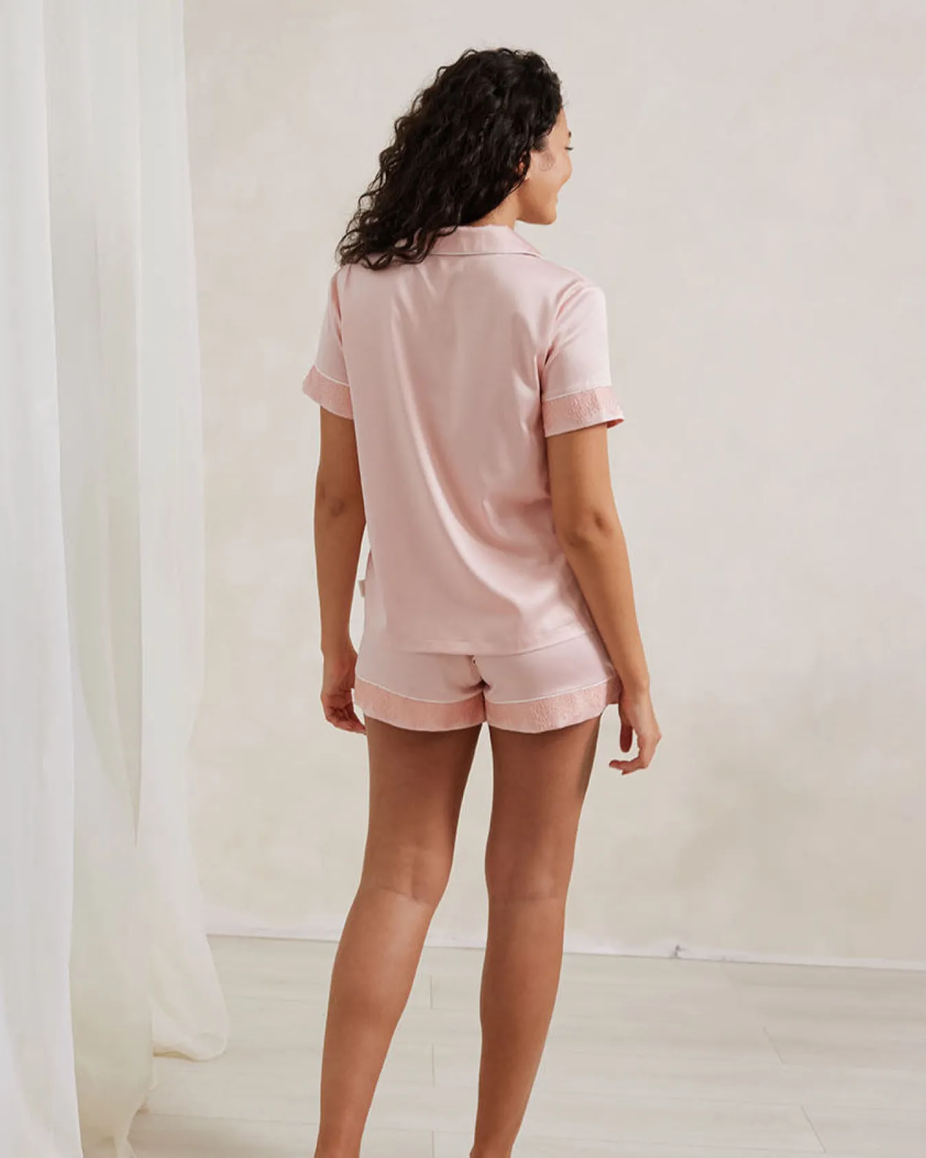 Satin Lace Trim Short Pyjama Set - Blush