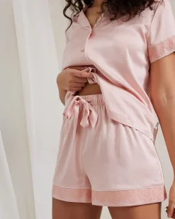 Satin Lace Trim Short Pyjama Set - Blush