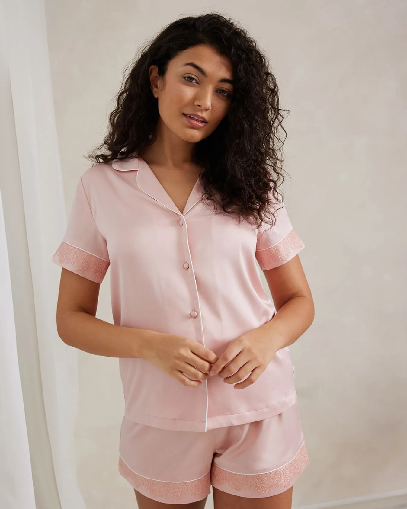 Satin Lace Trim Short Pyjama Set - Blush