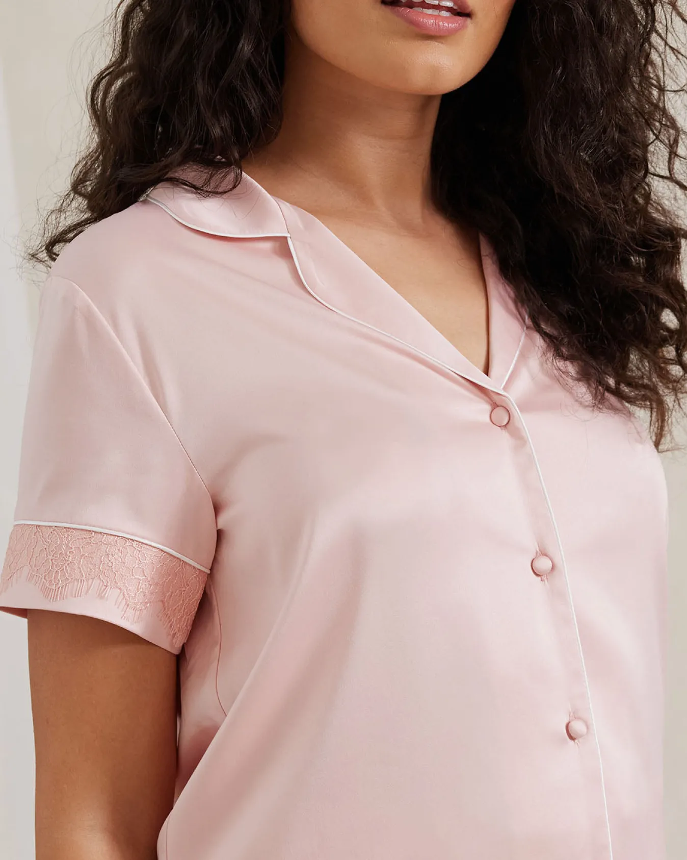 Satin Lace Trim Short Pyjama Set - Blush
