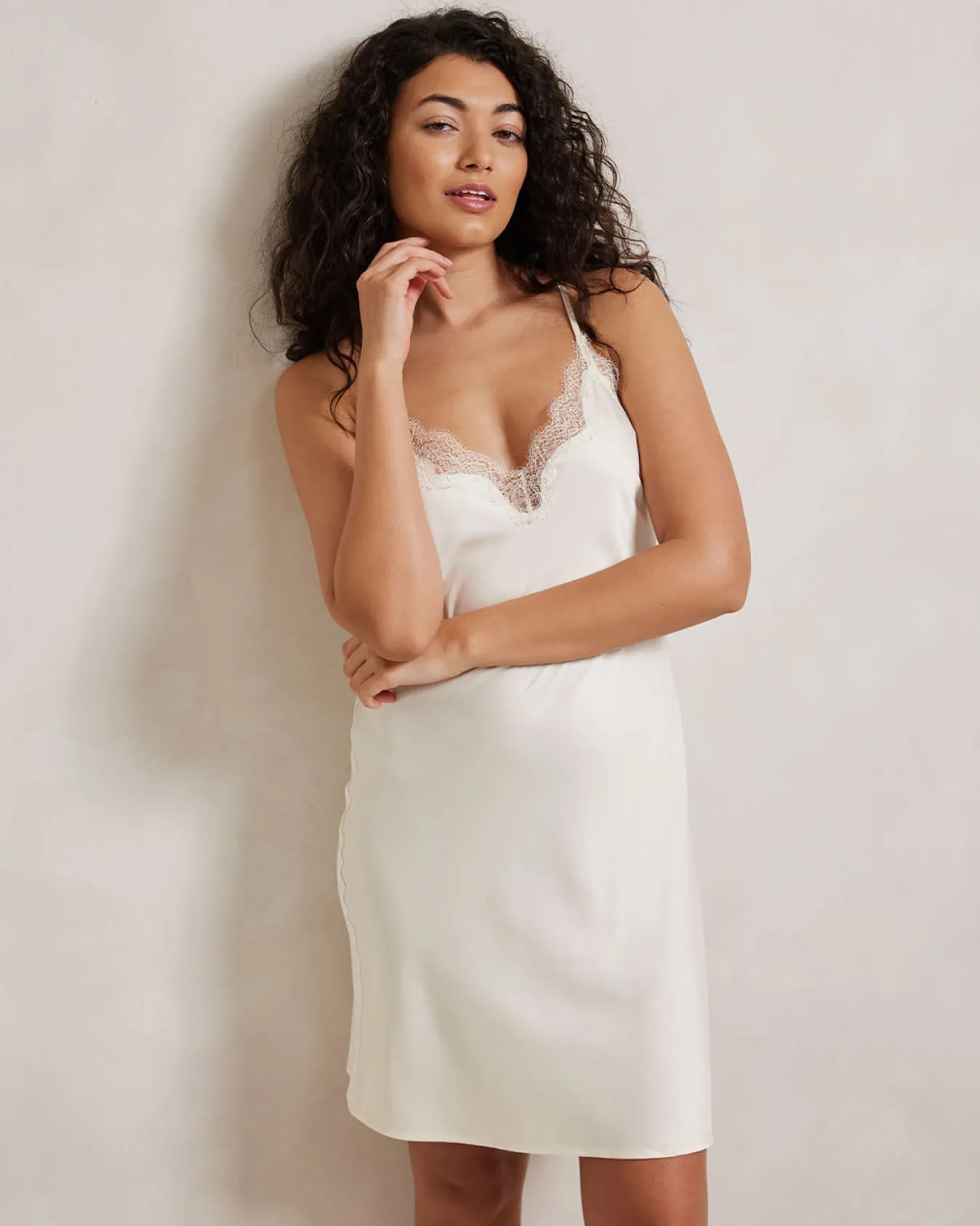 Satin Lace Trim Slip Nightdress - Ivory