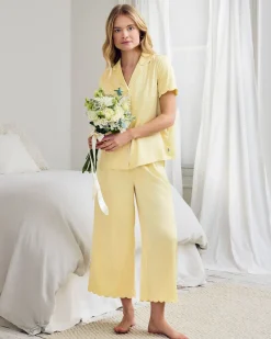 Satin Scallop Edge Long Pyjama Set - Butter Yellow