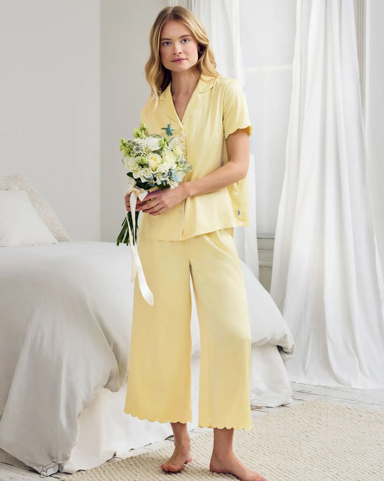 Satin Scallop Edge Long Pyjama Set - Butter Yellow
