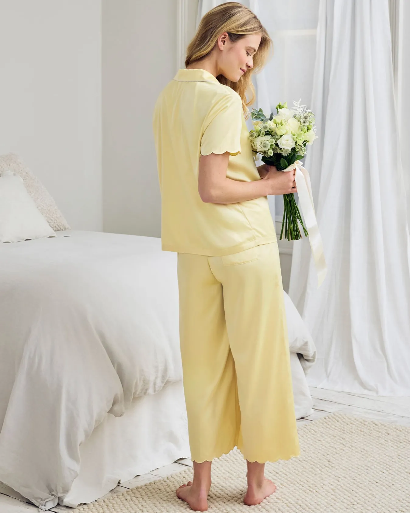 Satin Scallop Edge Long Pyjama Set - Butter Yellow