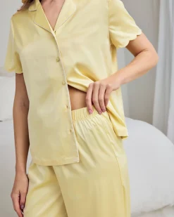 Satin Scallop Edge Long Pyjama Set - Butter Yellow