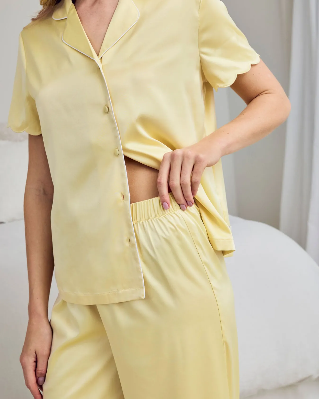 Satin Scallop Edge Long Pyjama Set - Butter Yellow