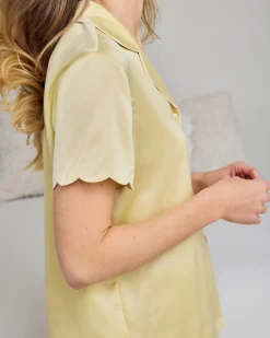 Satin Scallop Edge Long Pyjama Set - Butter Yellow