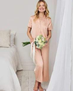 Satin Scallop Edge Long Pyjama Set - Peach