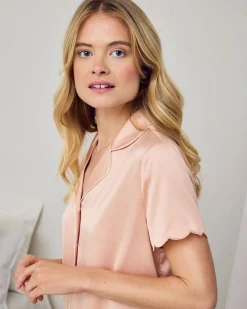 Satin Scallop Edge Long Pyjama Set - Peach