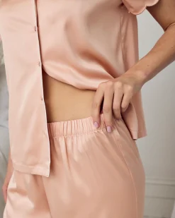 Satin Scallop Edge Long Pyjama Set - Peach