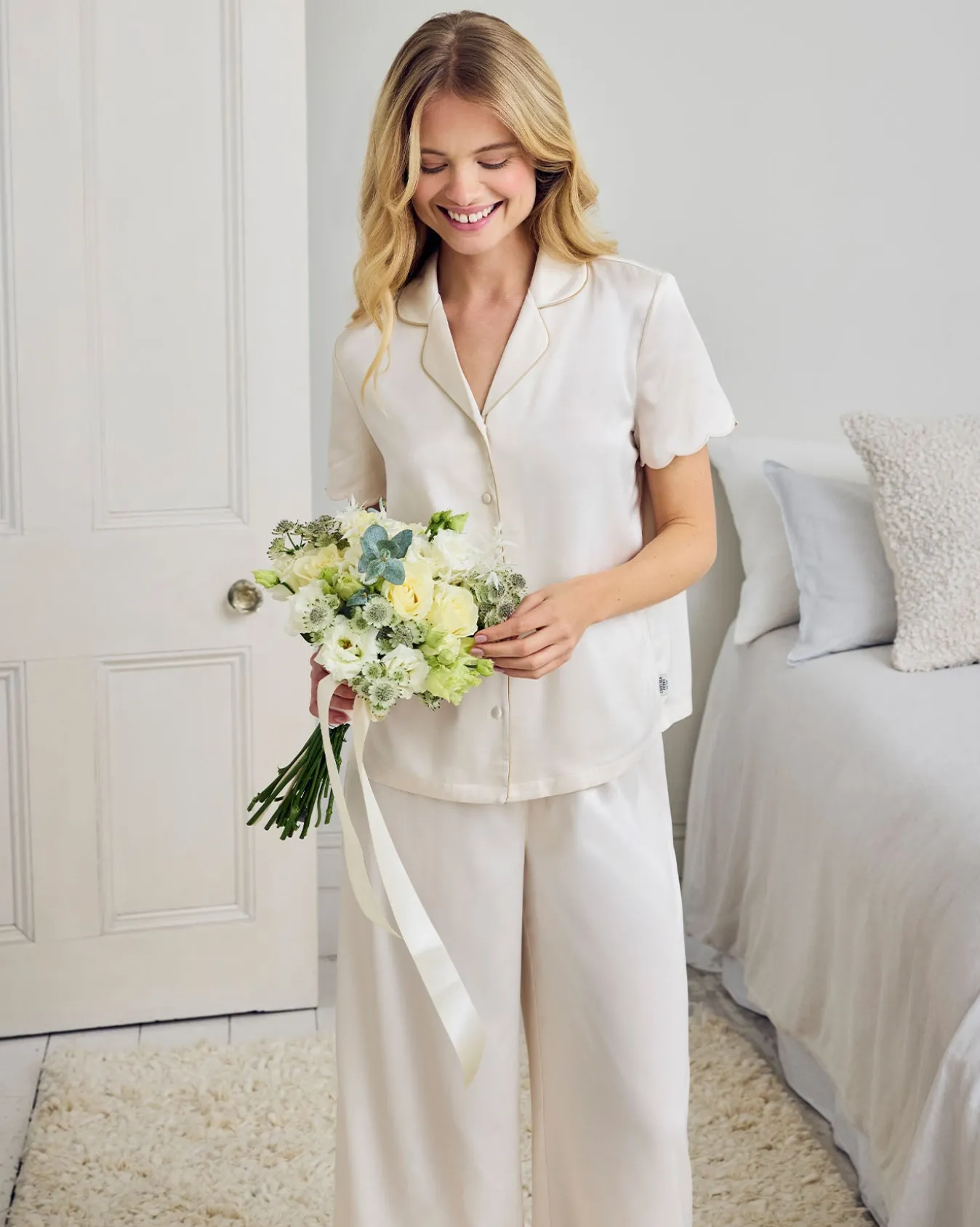 Satin Scallop Edge Long Pyjama Set - Ivory