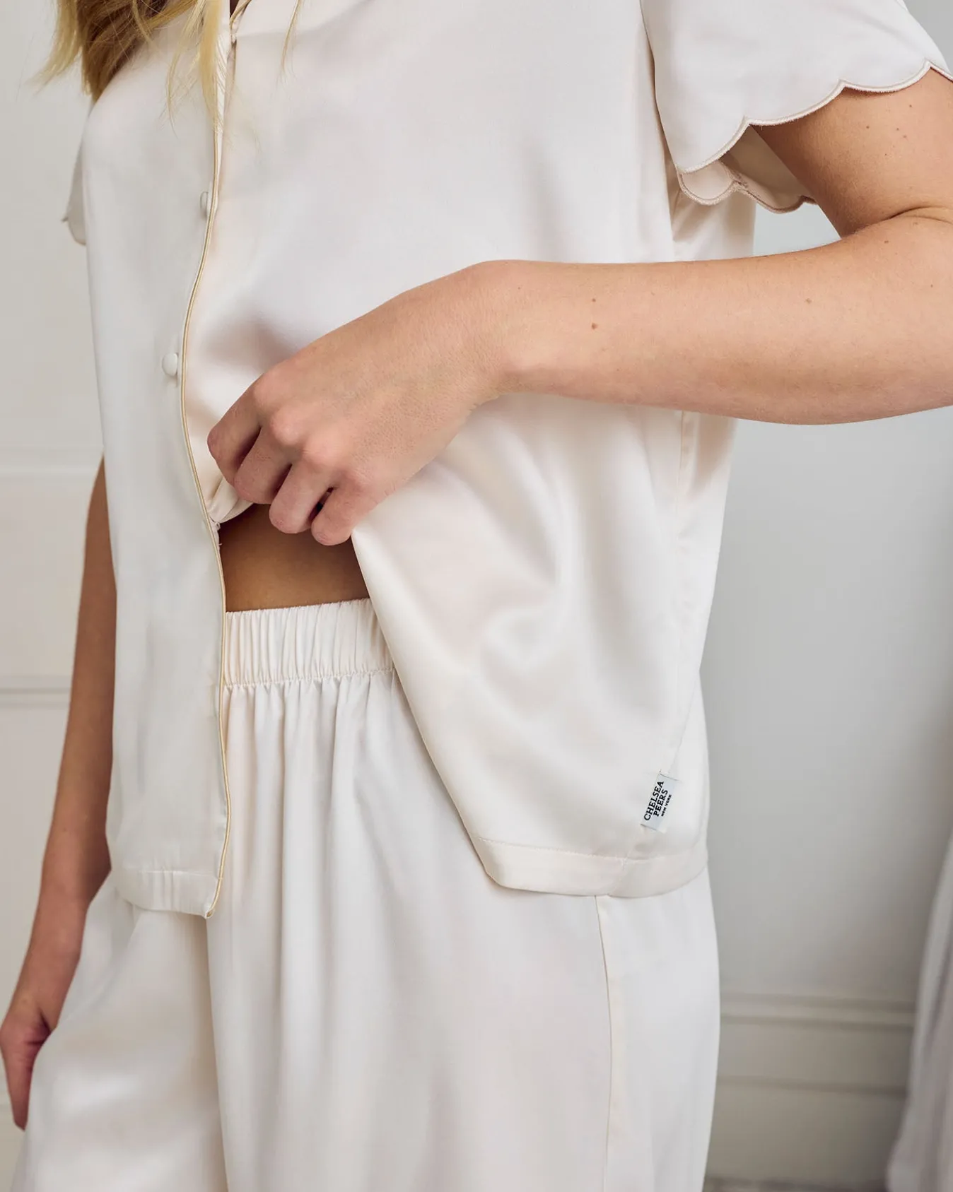 Satin Scallop Edge Long Pyjama Set - Ivory