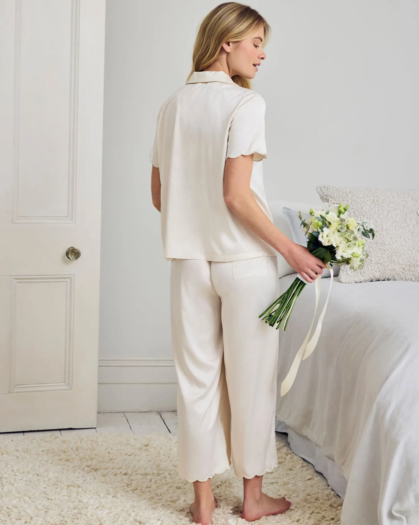 Satin Scallop Edge Long Pyjama Set - Ivory