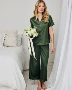 Satin Scallop Edge Long Pyjama Set - Forest Green