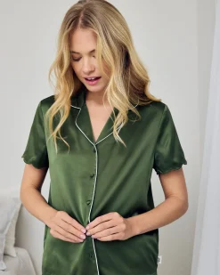 Satin Scallop Edge Long Pyjama Set - Forest Green