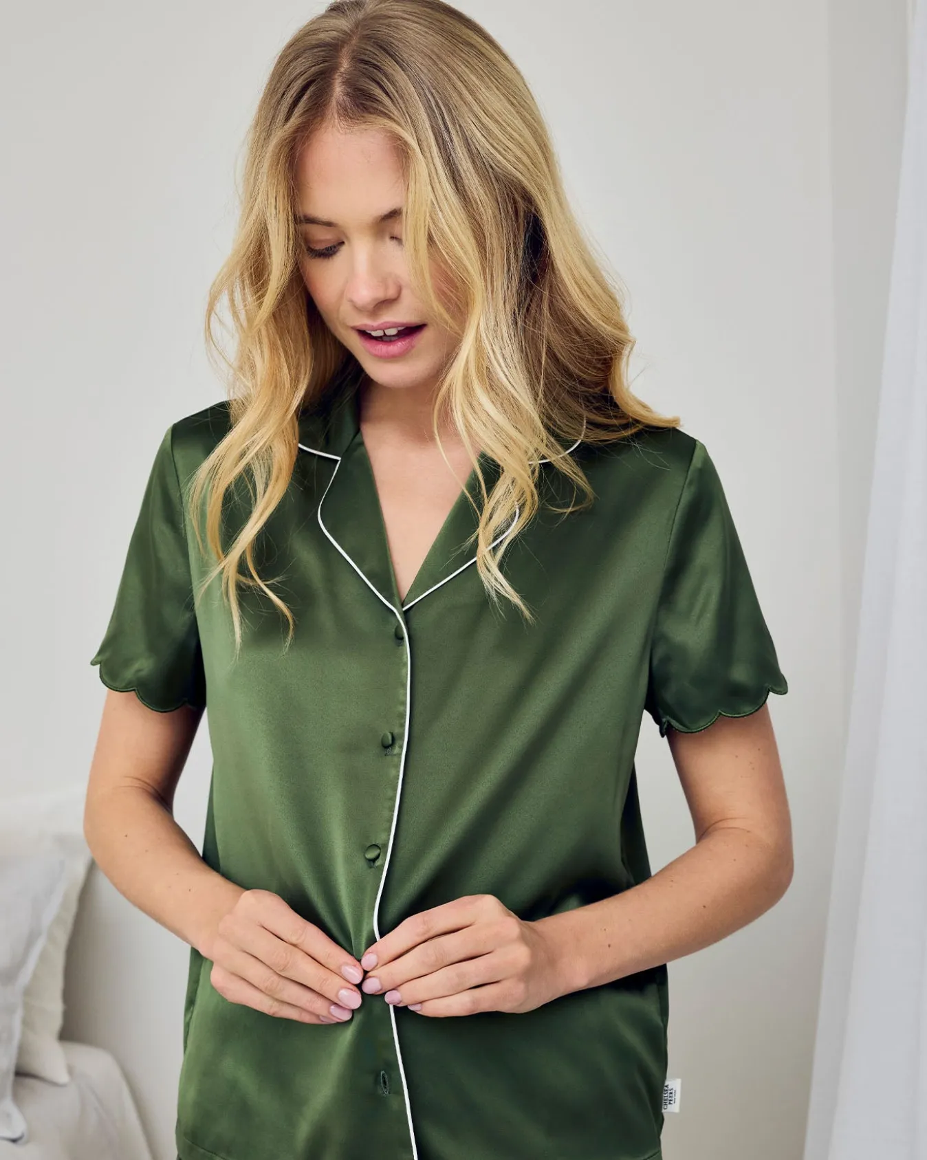 Satin Scallop Edge Long Pyjama Set - Forest Green