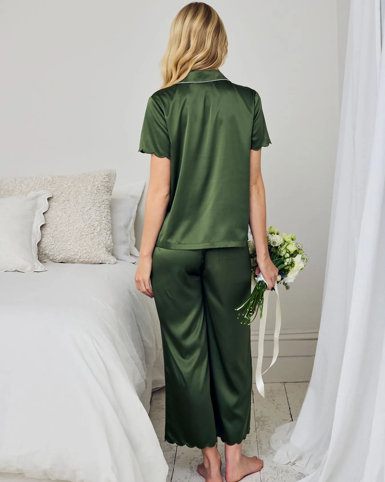 Satin Scallop Edge Long Pyjama Set - Forest Green