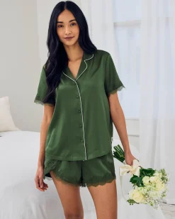 Satin Tulip Hem Lace Trim Button Up Short Pyjama Set - Forest Green