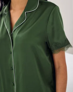 Satin Tulip Hem Lace Trim Button Up Short Pyjama Set - Forest Green