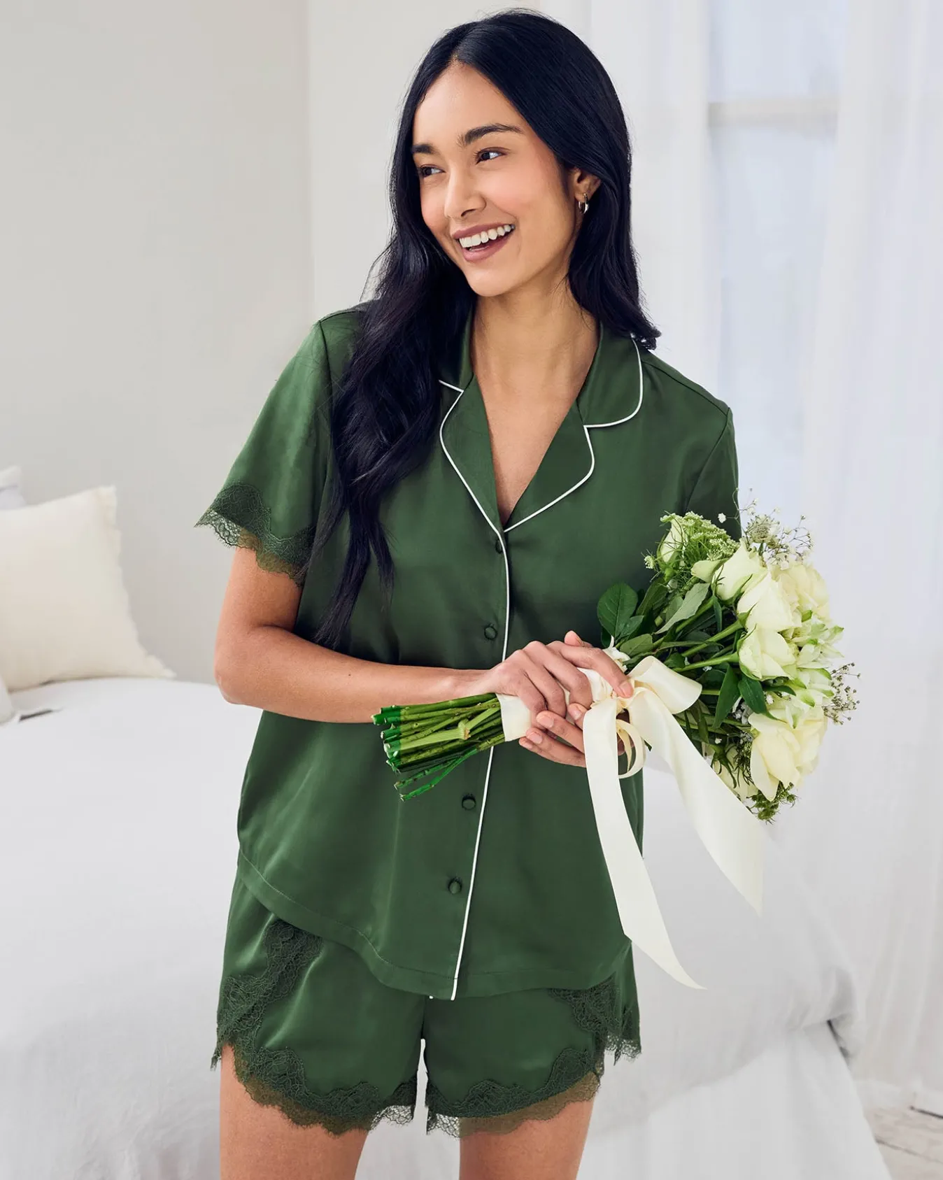 Satin Tulip Hem Lace Trim Button Up Short Pyjama Set - Forest Green