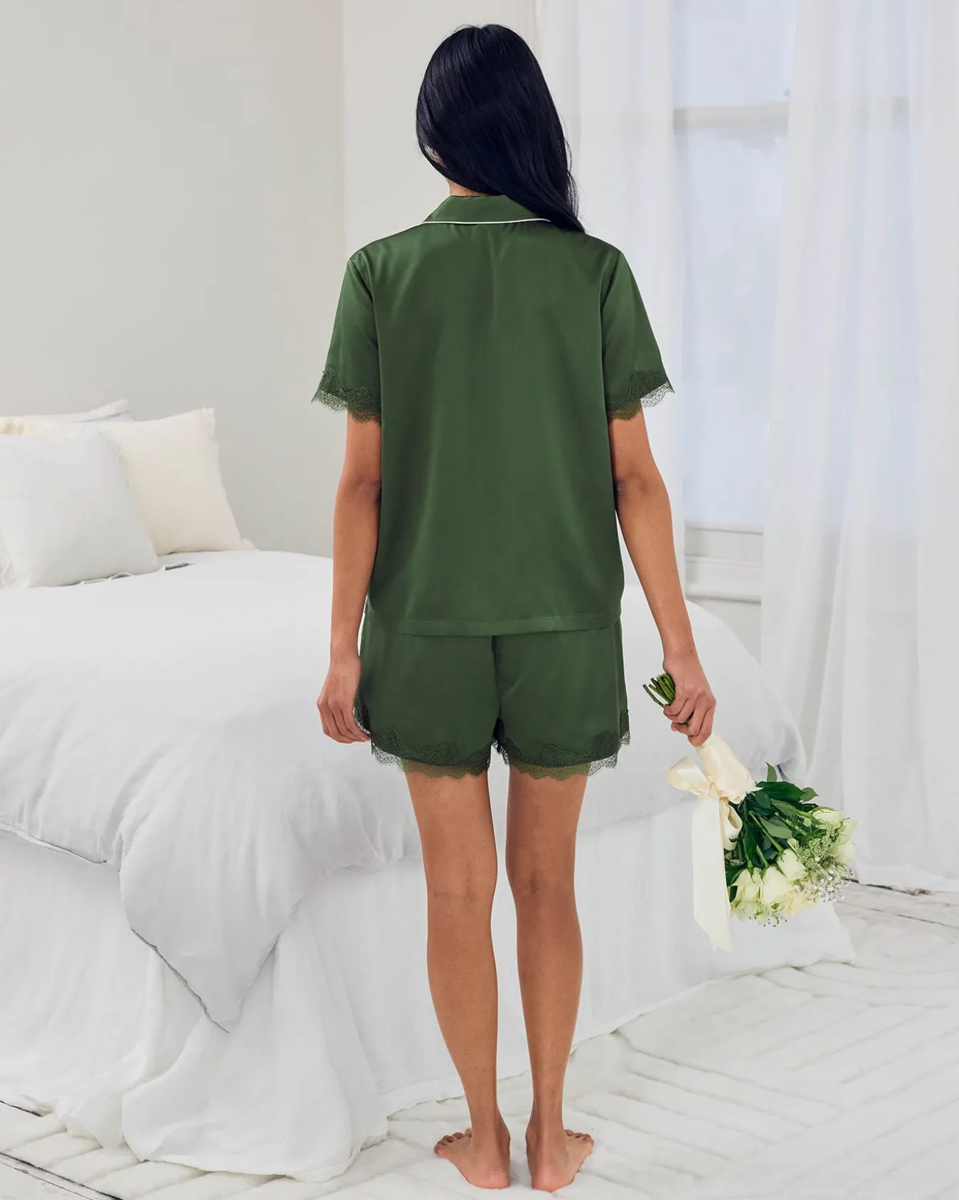 Satin Tulip Hem Lace Trim Button Up Short Pyjama Set - Forest Green