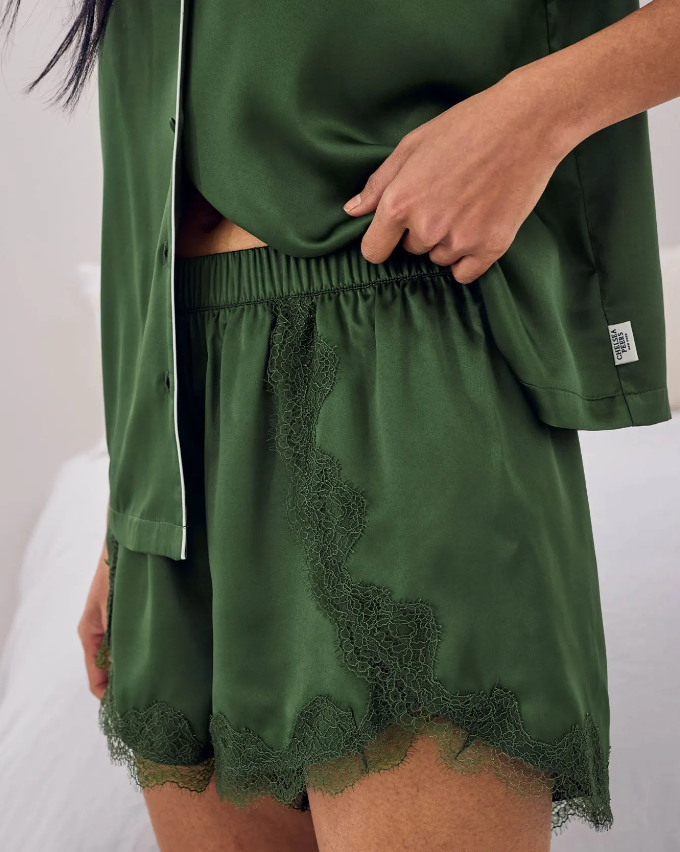 Satin Tulip Hem Lace Trim Button Up Short Pyjama Set - Forest Green